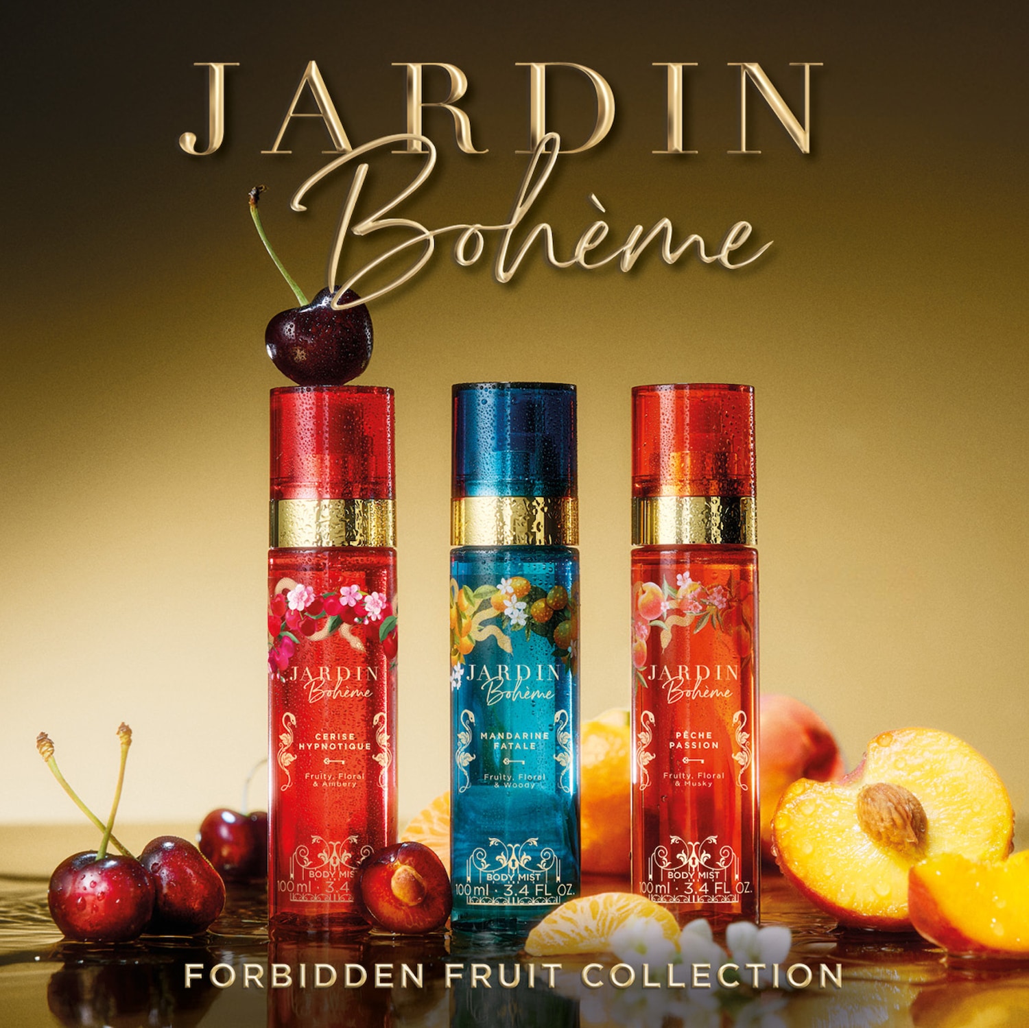 Patirkite Jardin Bohème uždraustų vaisių kolekciją su Cerise Hypnotique, Mandarine Fatale ir Pêche Passion kūno dulksna, kurių kiekvienas siūlo unikalų vaisių, gėlių aromatą.