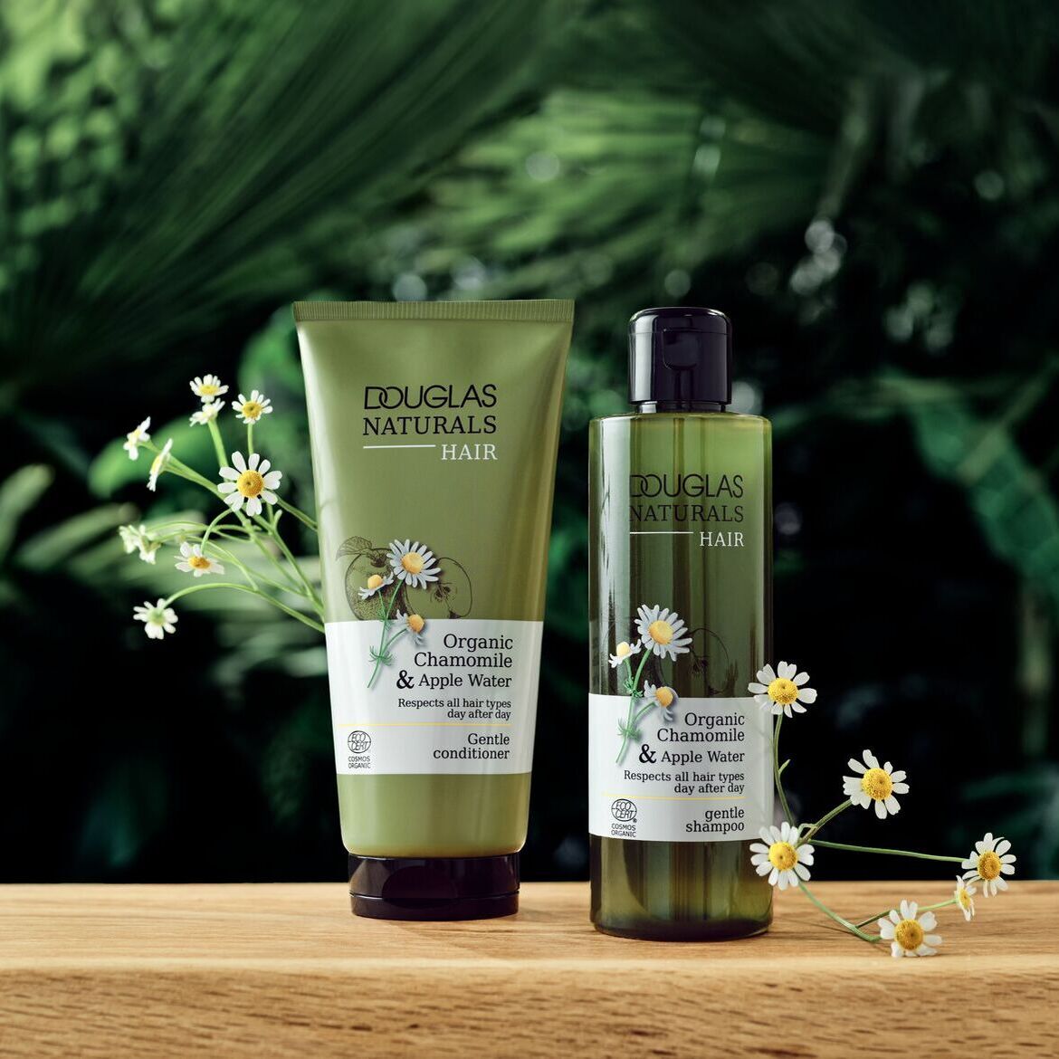 Ekologiškas „Douglas Naturals“ šampūnas ir kondicionierius su ramunėlėmis ir obuolių vandeniu visų tipų plaukams, supakuoti į žalius buteliukus su baltų ramunėlių piešiniais.
